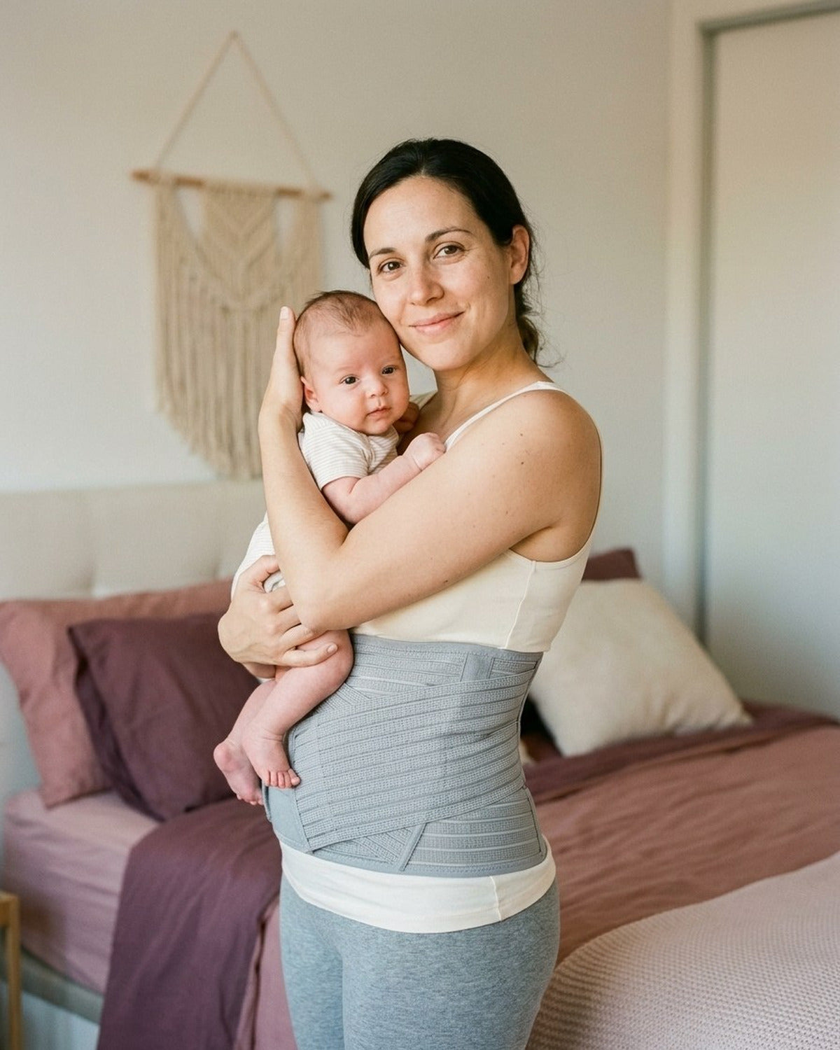 Madre con su bebé llevando la faja postparto Íntima