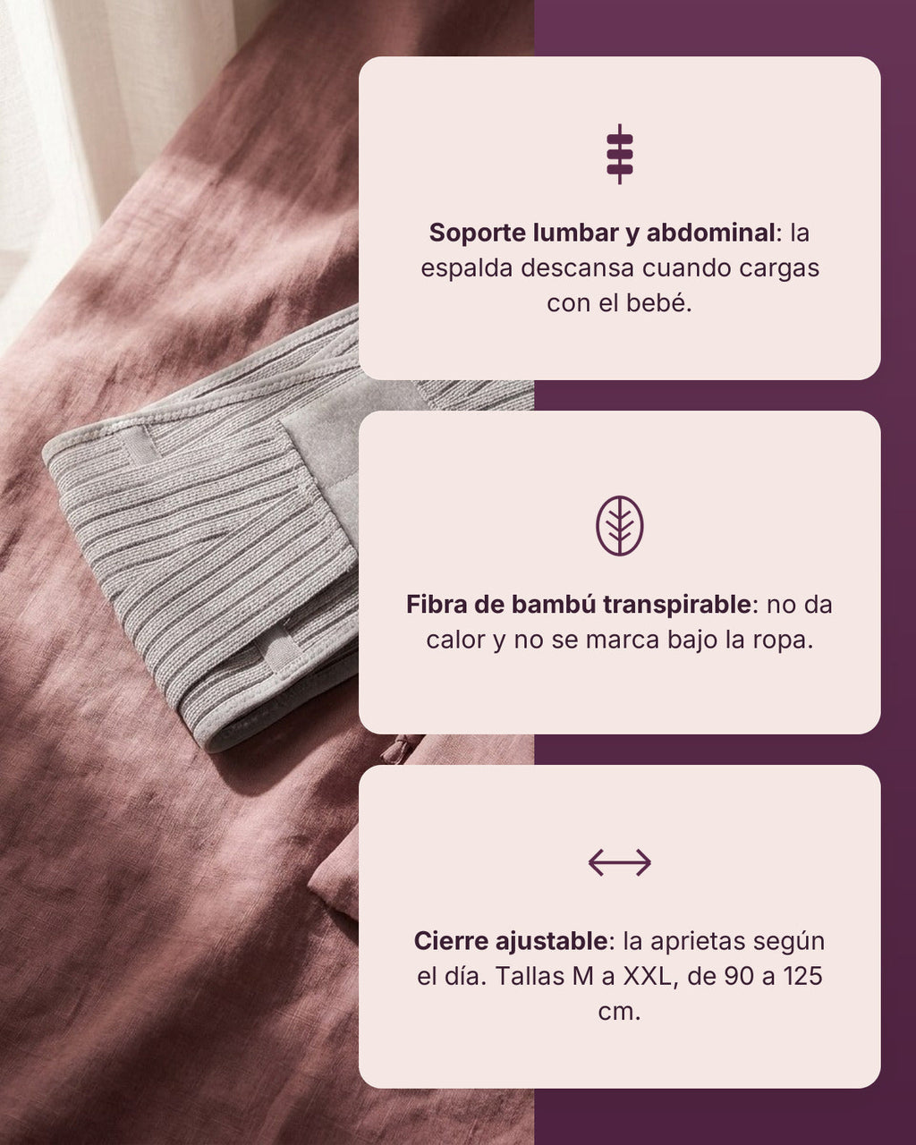Soporte lumbar, fibra de bambú y cierre ajustable