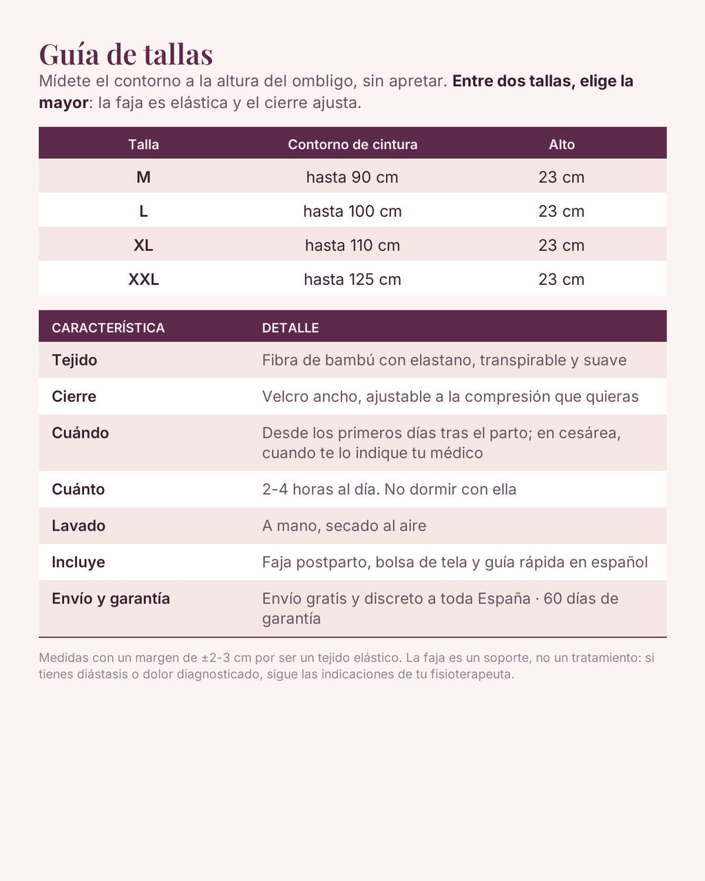 Guía de tallas de la faja postparto Íntima