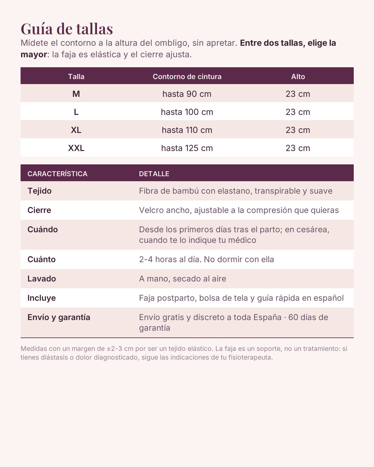 Guía de tallas de la faja postparto Íntima